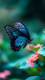 Blue and black butterfly on pink flowers in soft focus garden.
