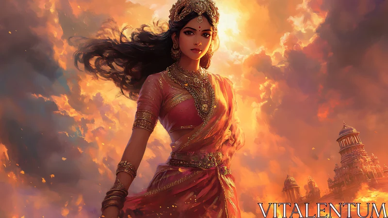 Mythic warrior princess in jeweled sari amid blazing skies