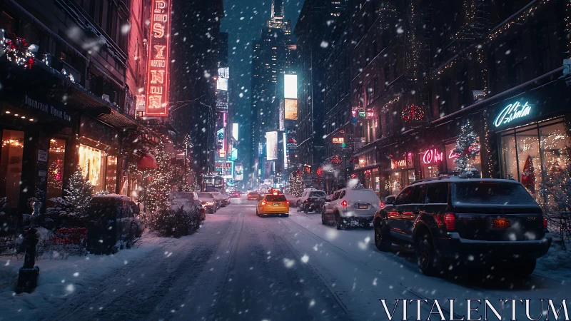 Snowy city street glowing with cozy winter nightlife magic.