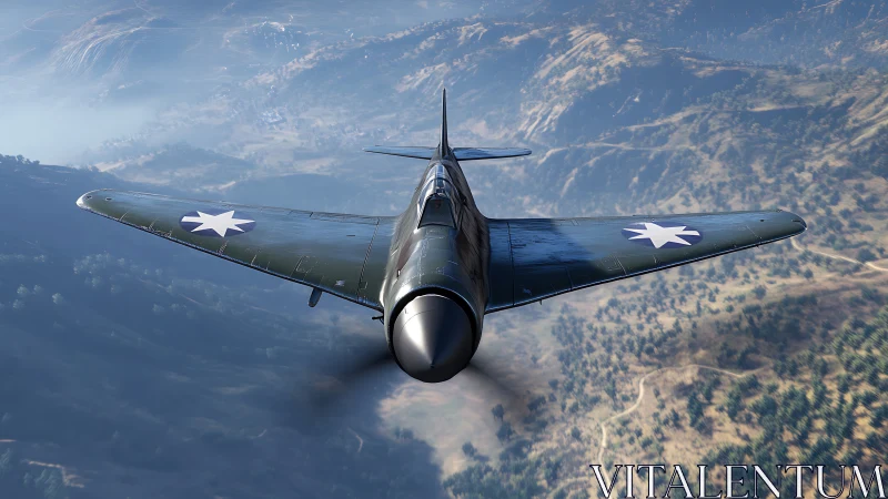Classic fighter plane glides above sunlit mountain valley