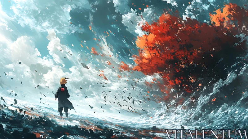 Storm-lit wanderer walks toward a burning crimson horizon
