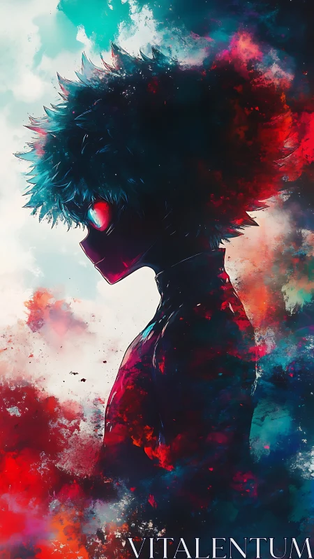 Chromatic silhouette of masked anime figure in nebular bloom.