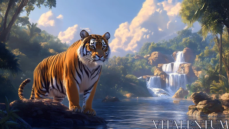 Majestic tiger stands watch beside a sunlit jungle waterfall.