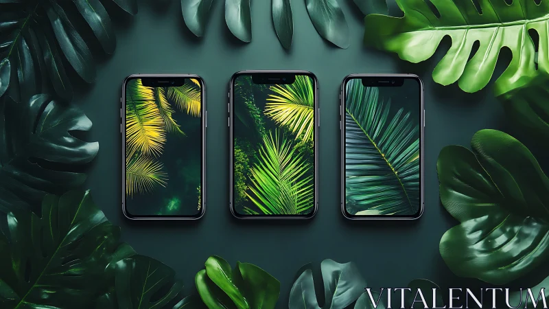 Triadic smartphones with synchronized tropical foliage displays.