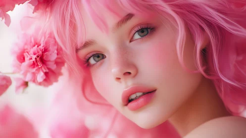 Soft pink daydream girl gazes gently through blossoms