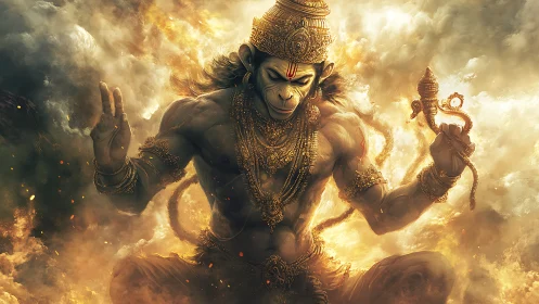 Divine monkey warrior amid blazing celestial clouds.