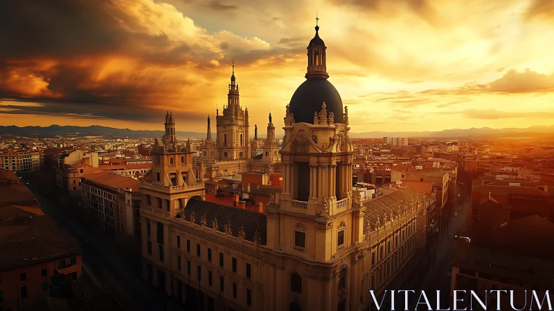 Baroque city cathedral dominates sunset skyline in warm tonality