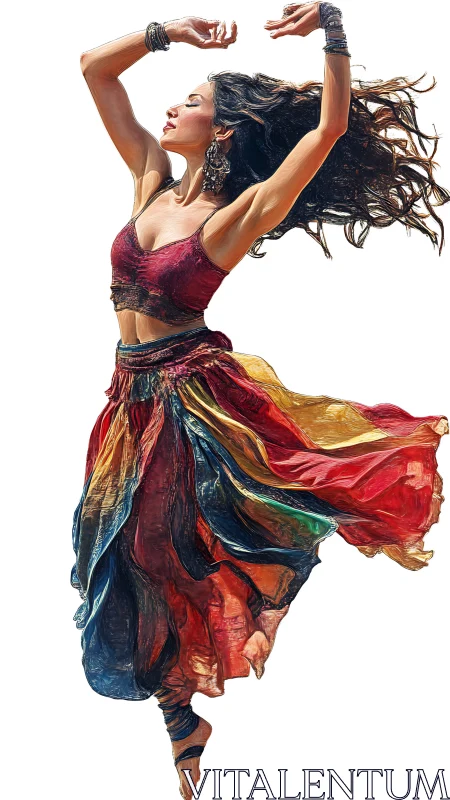 Dynamic dancer in multicolored skirt, high-contrast digital rendering