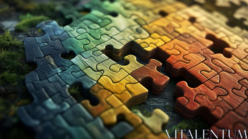 Color graded wooden jigsaw puzzle pieces in closeup focus.