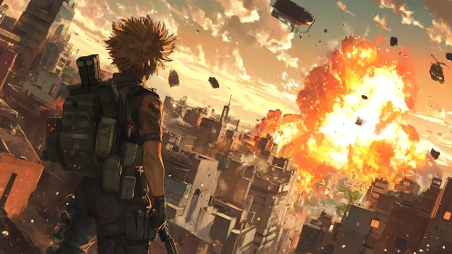 Lone soldier overlooking a shattered city in fiery detonation.