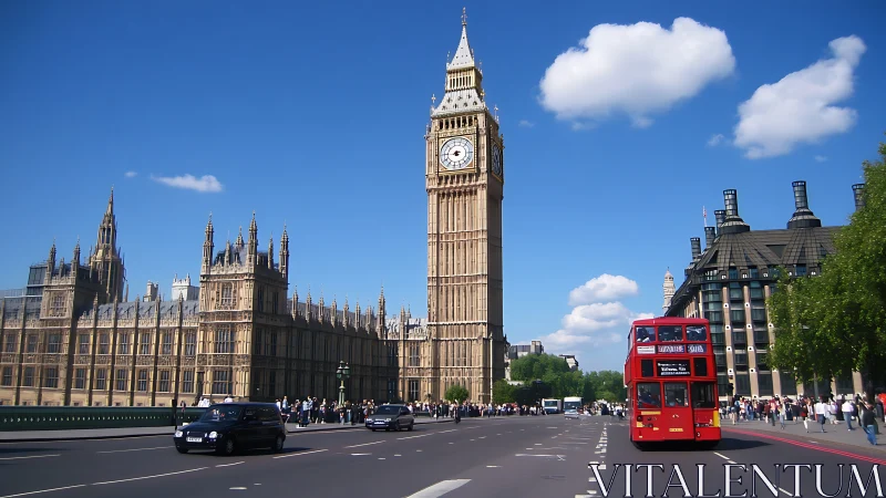 Iconic London streetscape aligns Big Ben with red double-decker