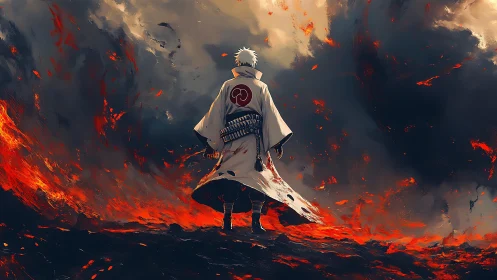 White haired warrior stands over burning volcanic ground.