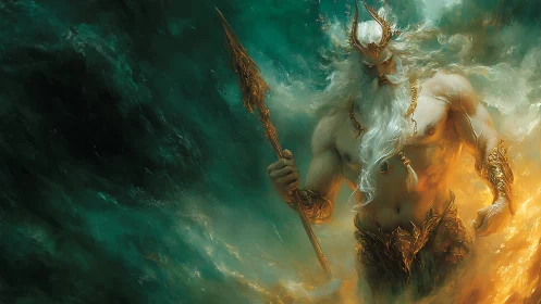 Storm-forged sea god rises in swirling emerald clouds.