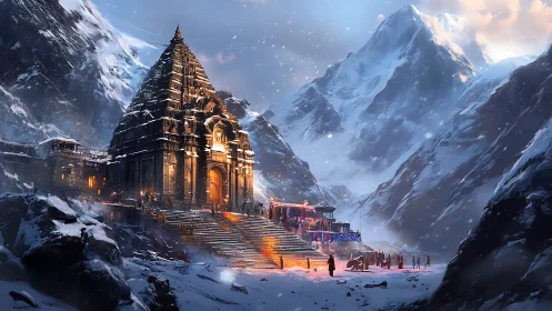 Snowbound mountain temple illuminated at twilight ceremony.