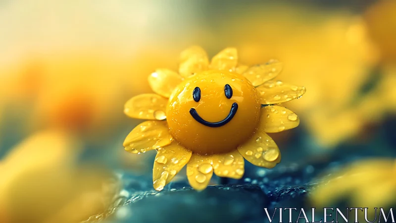 Photorealistic macro smiling sunflower icon with dew droplets.