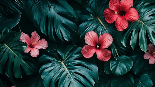 Tropical Flora Composition with Hibiscus Flowers and Monstera Leaves