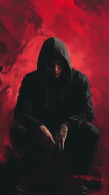 Hooded figure sits in crimson shadow, tension rising hard.