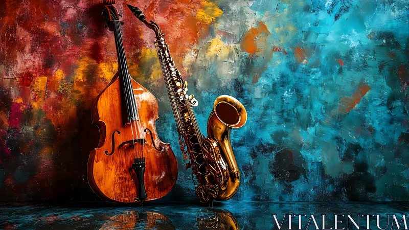 Double bass and saxophone glow before abstract color storm.