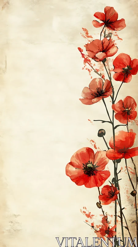 Watercolor red poppies on vintage cream vertical border.