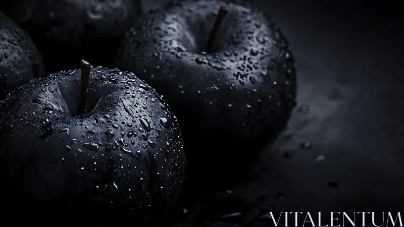 Midnight apples glistening with misty droplets of wonder.