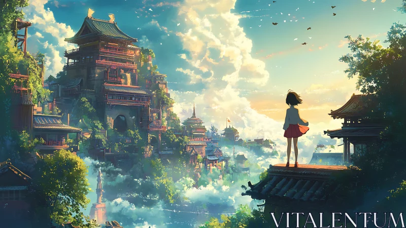 Sunlit sky city vistas with lone girl on rooftop terrace.