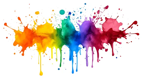 Vibrant watercolor rainbow splatter with dripping strokes.