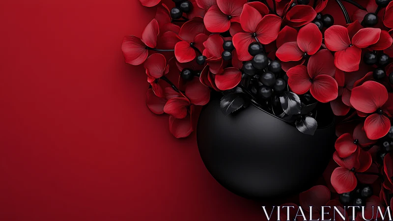 Black Vase with Red Petals and Berries Against Crimson Wall