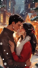 Couple embracing outdoors in snowy illuminated winter street.