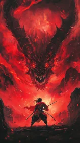 Swordsman confronts massive fiery dragon in burning canyon