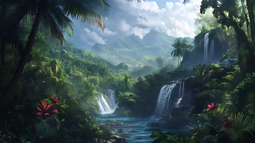 Lush tropical jungle valley with cascading twin waterfalls.