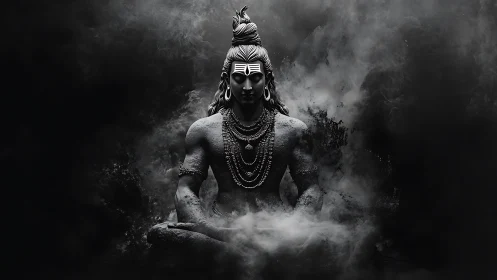 Calm meditative deity surrounded by swirling silver mist.