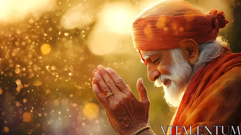 Elderly man in orange garments holds hands together in profile