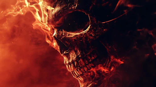 Burning demonic skull emerges from swirling inferno flames.