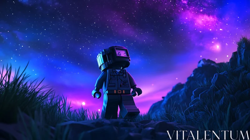 Lego-style astronaut under volumetric nebula sky with cinematic rim light