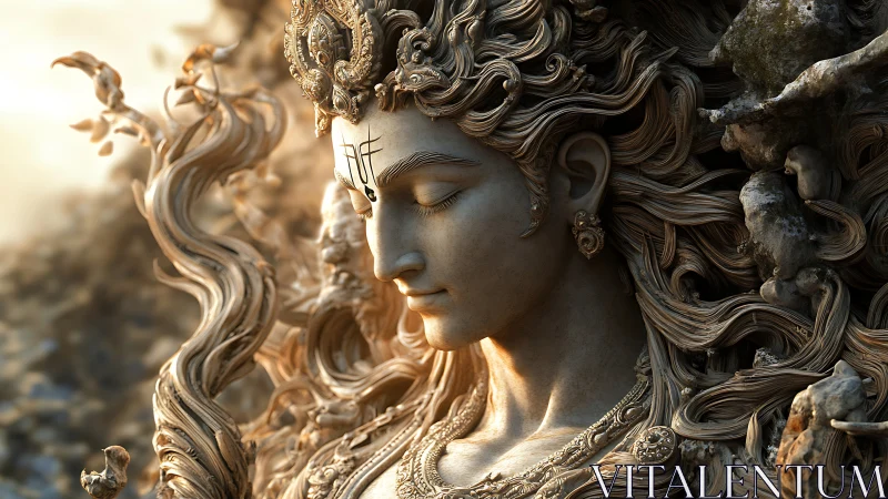 Divine stone visage framed by ornate flowing sculpted hair.