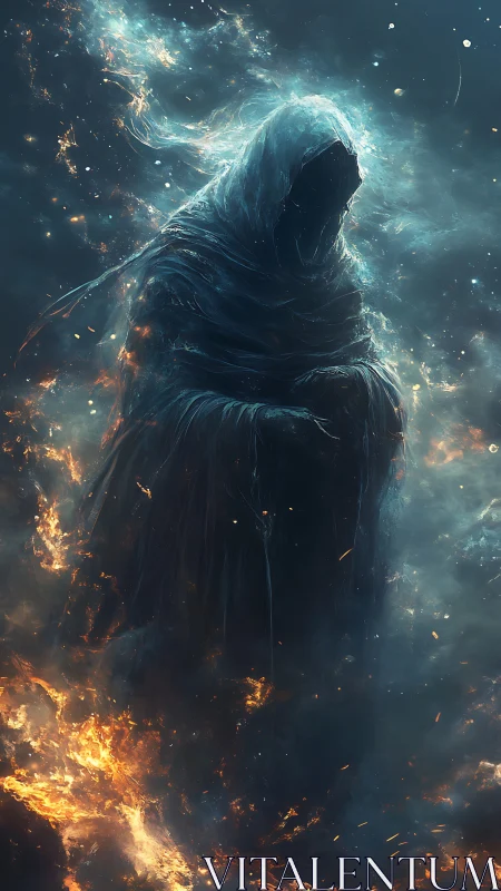 Hooded spectral figure emerges from swirling cosmic fire