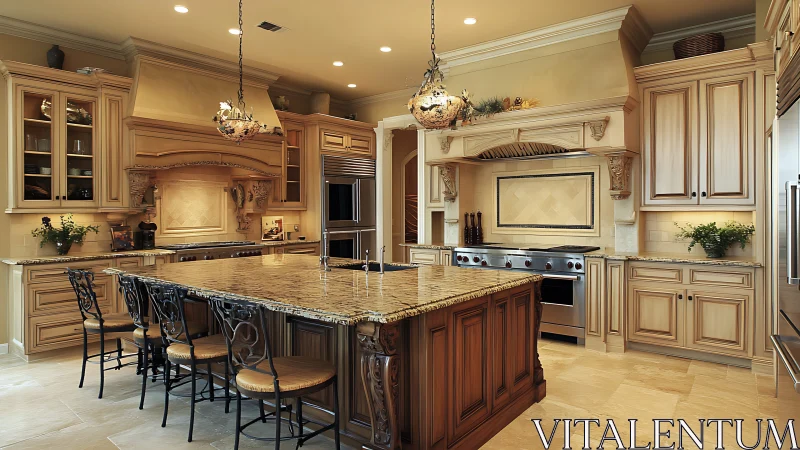 Traditional kitchen interior shows large island and custom cabinetry
