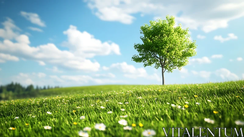 Isolated deciduous tree on shallow‑focus spring meadow field.