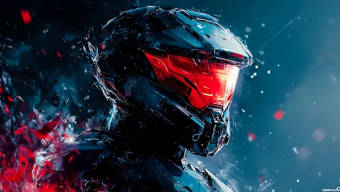 Crimson visor sentinel in shattering neon starstorm armor.