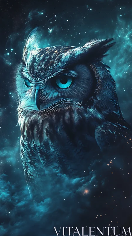 Nocturnal owl rendered in blue nebula-styled cosmic field.
