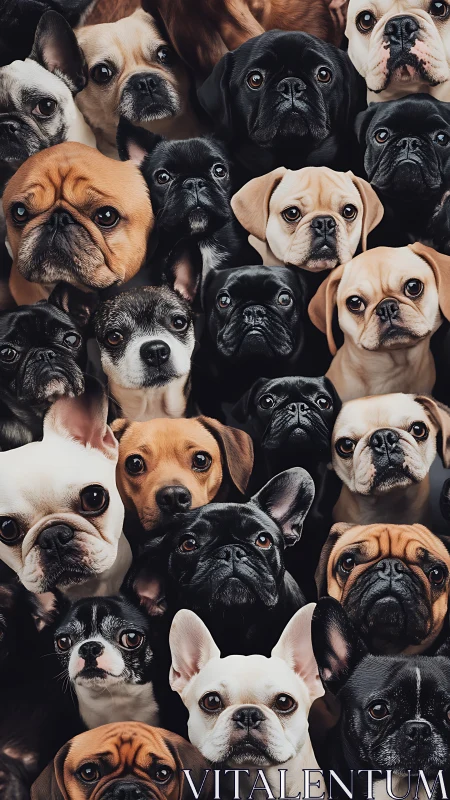 High-density pug and bulldog portrait matrix with uniform gaze.