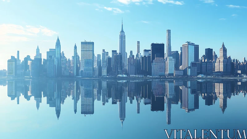 City skyline reflects sharply on still water under clear sky