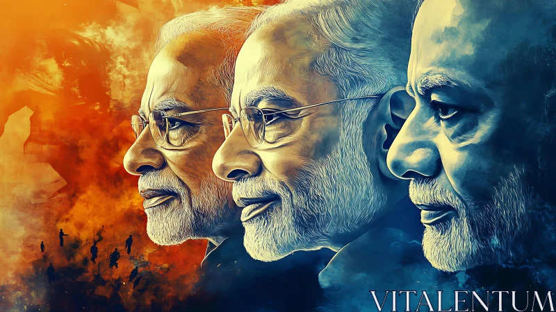 Triptych digital portrait of elder man in warm cool tones.