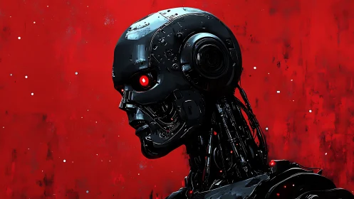 Cybernetic skull profile glows against blood-red void.