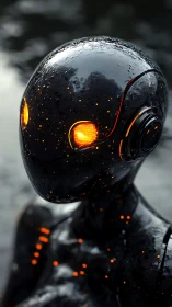 Wet black humanoid robot with glowing orange cybernetic lights.