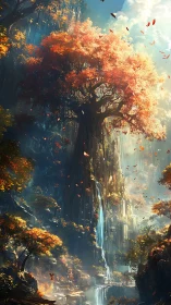 Ancient autumn tree towers above a luminous hidden waterfall.