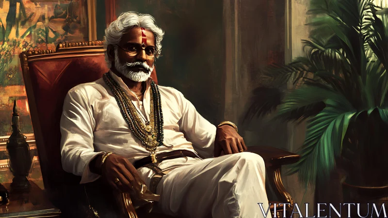 Regal elder in white seated on ornate chair in study.