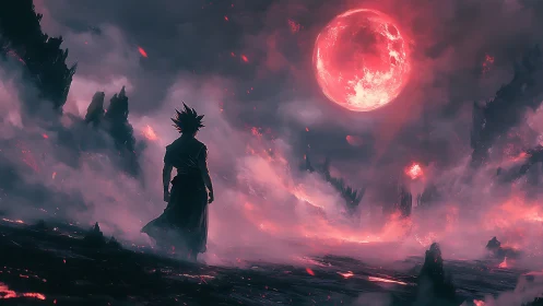 Lone warrior under crimson supermoon in volcanic etherfield.
