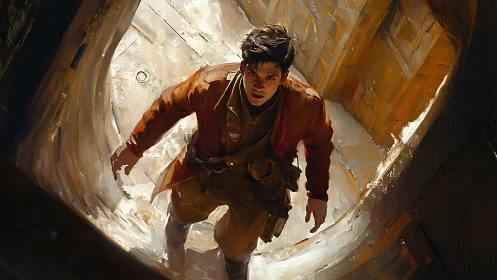 Young explorer in shaft surrounded by warm brushwork.