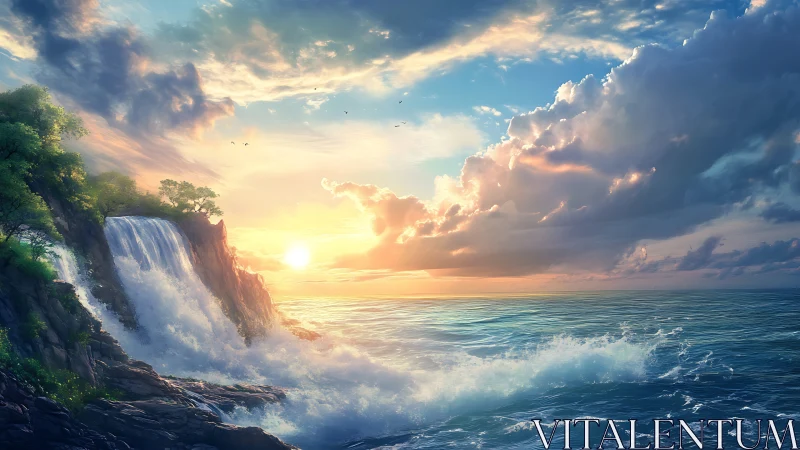 Coastal waterfall at sunrise against expansive seascape.
